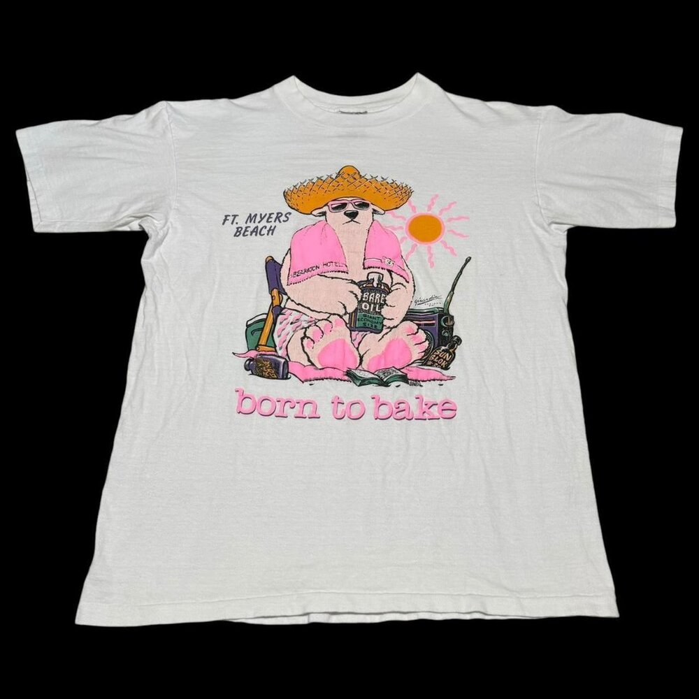 Vintage 80s Oneita Born to Bake Florida‎ Tanning White Shirt Adult Large